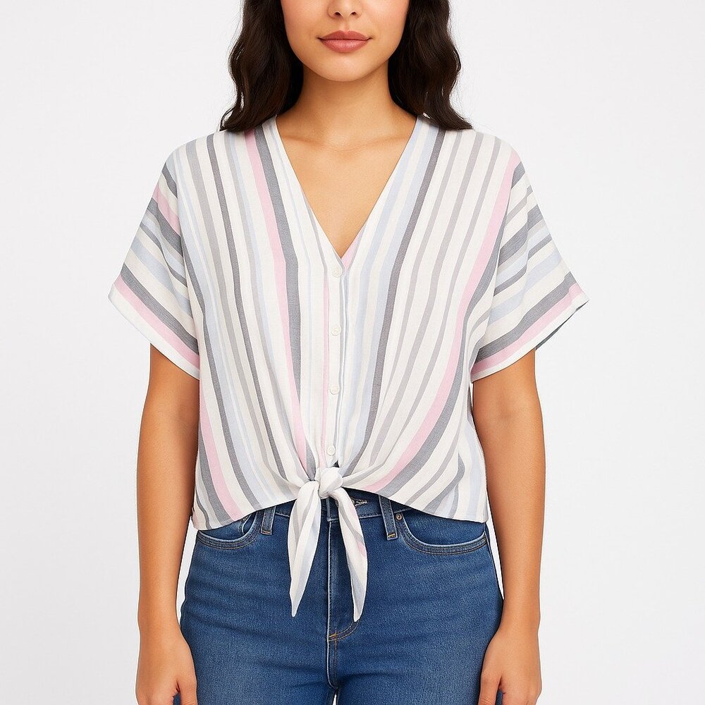 Style Envy Striped V Neck Front Tie Short Sleeve Top Blouse Women’s Small